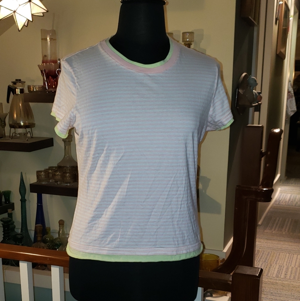 Vintage Dockers Womens Baby Tee Top- Pink Striped With Spring Green Trim